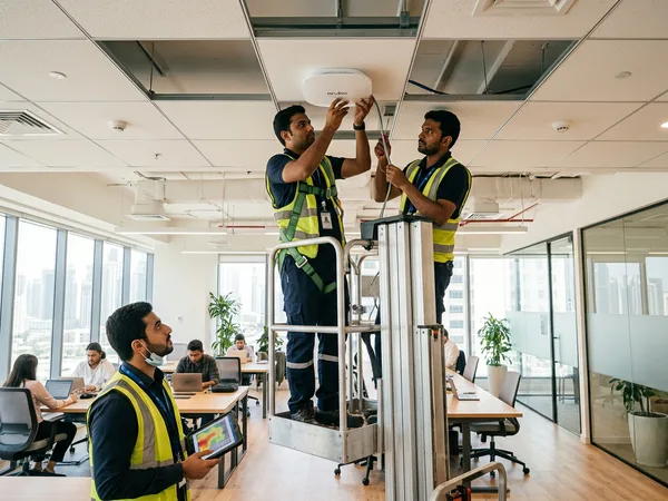 Engineers installing a wireless access point on the ceiling of a bright office