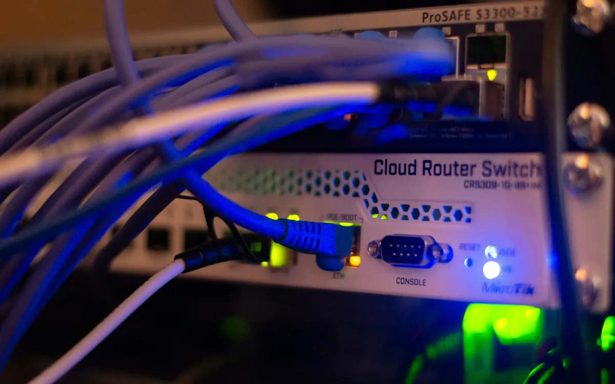 Network router and switch with blue patch cables