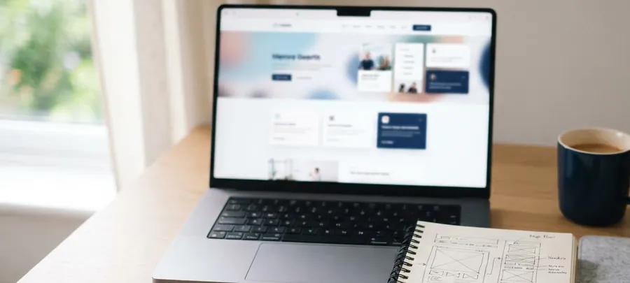 Laptop showing a website layout beside a hand-drawn wireframe notebook